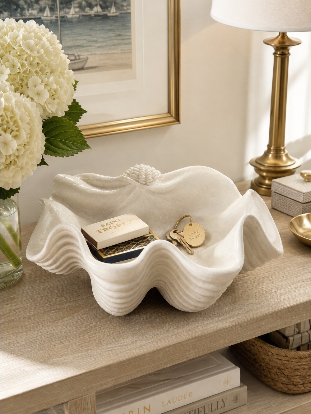 Sculptural White Giant Clam Shell Decorative Bowl Coastal Decor